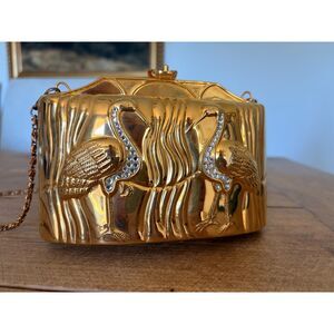Vintage NWT Art Deco Cranes Gold Minaudière Box Clutch Evening Bag